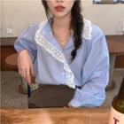 Long-sleeve Striped Lace Trim Shirt As Shown In Figure - One Size