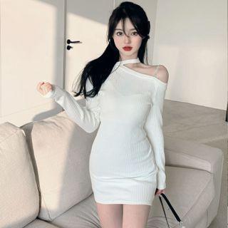 Long-sleeve Cold Shoulder Rhinestone Mini Bodycon Dress