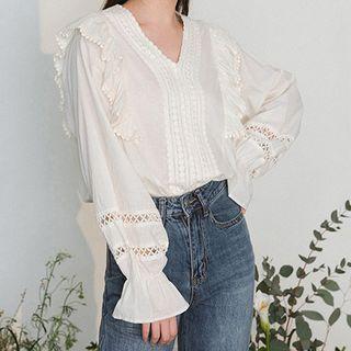 Crochet Trim Long-sleeve V-neck Blouse