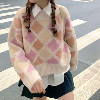 Round Neck Contrast Argyle Loose Fit Cropped Sweater