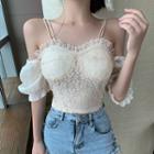 Cold-shoulder Puff-sleeve Lace Top As Shown In Figure - One Size
