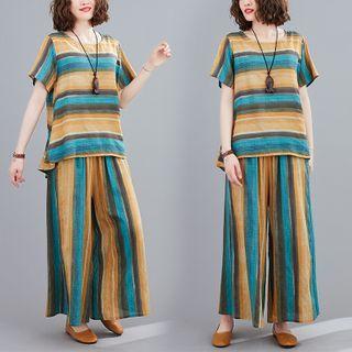 Set: Striped Short-sleeve Blouse + Wide-leg Pants