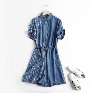 Short-sleeve Striped Panel Denim Shirtdress