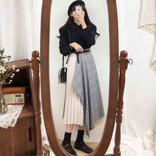 Contrast Stitching Blouse / Mock Two-piece Midi Skirt