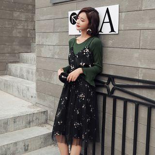 Set: Bell-sleeve Top + Sleeveless Floral Tulle-overlay Dress