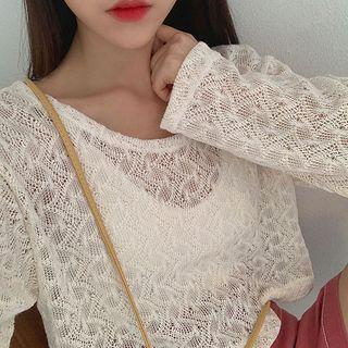 See-through Cropped Patterned Knit Top
