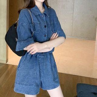 Set Of 2: Short-sleeve Collared Denim Shirt & Elastic Waist Denim Shorts