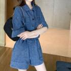 Set Of 2: Short-sleeve Collared Denim Shirt & Elastic Waist Denim Shorts