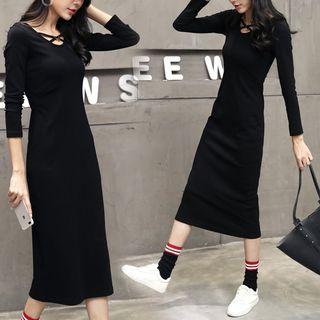 Long-sleeve Cross Front Midi Straight-fit Dress