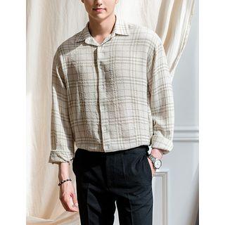 Open-placket Linen Blend Plaid Shirt