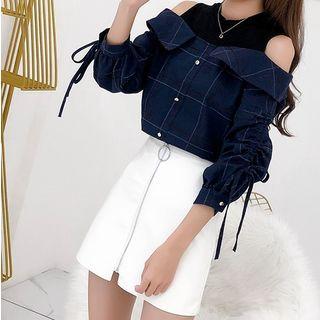 Mock Two-piece Plaid Drawstring Blouse