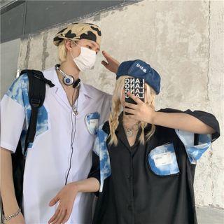 Elbow-sleeve Cloud Print Panel Shirt