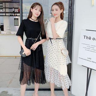 Short-sleeve Mesh Panel Dotted Midi A-line Dress
