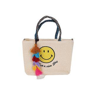 Smile-patch Tasseled Straw Tote