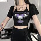 Set: Short-sleeve Underbust Crop Top + Chained Graphic Print Camisole Top
