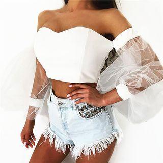Long Sleeve Off-shoulder Mesh Panel Crop Top
