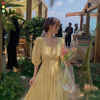Puff-sleeve Pain A-line Dress