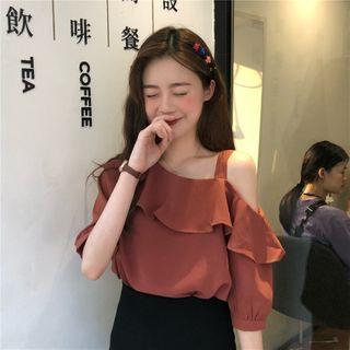 Elbow-sleeve Cold Shoulder Frilly Chiffon Top