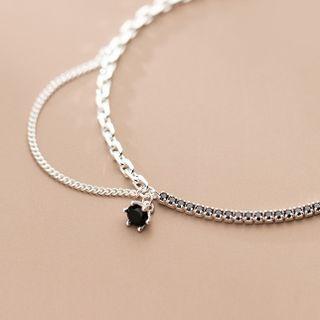 Rhinestone Pendant Asymmetrical Layered Sterling Silver Necklace