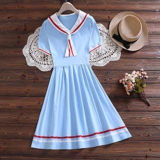 Short-sleeve Sailor Collar Mock-tie Midi A-line Dress