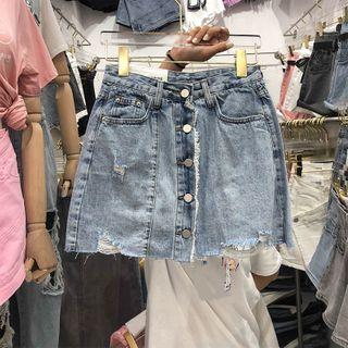 Ripped Fringe Trim Single-breasted Denim A-line Skirt
