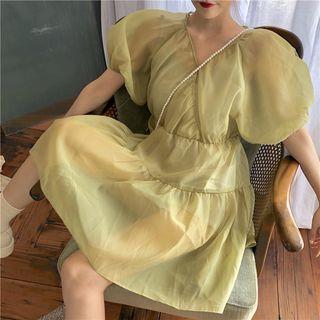 Sheer Puff-sleeve Mock Two-piece Midi Dress Set - Avocado Green - One Size