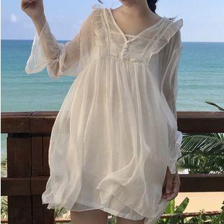 Set: V-neck Ruffle Trim Long-sleeve Dress + Plain Slipdress