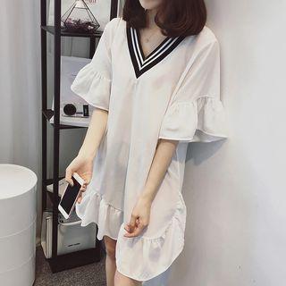 Elbow-sleeve Ruffle A-line Chiffon Dress