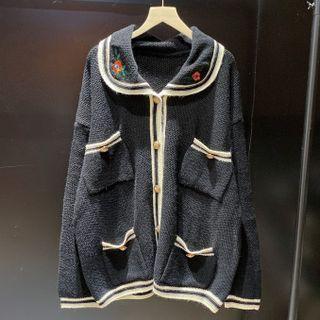 Floral Embroidered Collared Cardigan Black - One Size