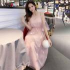 Set: Sheer Elbow-sleeve Midi Dress + Slipdress