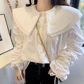 Puff-sleeve Layered Collar Drawstring Blouse