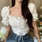 Puff-sleeve Plain Ruched Lace Up Top White - One Size