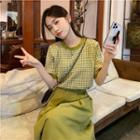 Short-sleeve Gingham Check Knit Top / Midi A-line Skirt