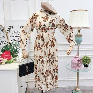 Stand Collar Long-sleeve Midi Floral Chiffon Dress