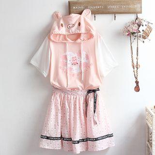 Hooded Short-sleeve T-shirt / A-line Skirt / Set