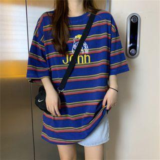Elbow-sleeve Striped T-shirt Stripes - Dark Blue - One Size