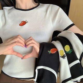 Contrast Trim Fruit Embroidered Cropped Top