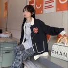 Heart Embroidery Button-up Jacket Navy Blue - One Size