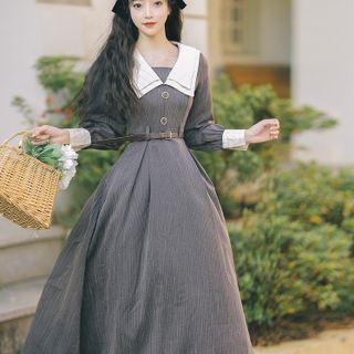 Bishop-sleeve Layered Collar Midi A-line Dress
