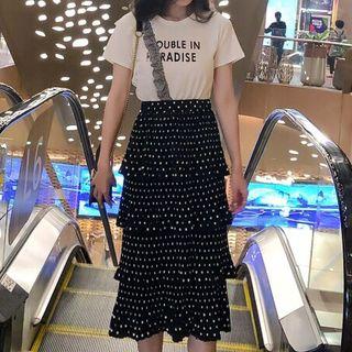Set: Short-sleeve Letter T-shirt + Dotted Tiered Midi Skirt