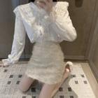 Lace Blouse / Fringed Trim Mini Straight-fit Skirt