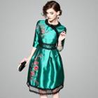 Flower Embroidered Lace Trim 3/4 Sleeve Dress