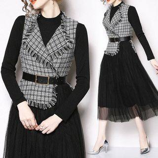 Set: Long-sleeve A-line Dress + Sheer Panel Sleeveless Midi Dress