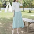 Set: Elbow-sleeve Flower Embroidered Hanfu Blouse + Midi A-line Skirt