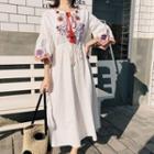 Embroidered Flared-sleeve Maxi Shift Dress