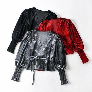 V-neck Cropped Velvet Blouse