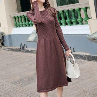 Long-sleeve Ribbed Midi A-line Dress