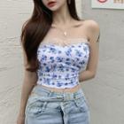 Strapless Lace Trim Floral Crop Top White - One Size
