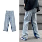 High-waist Two-tone Lettering Straight Leg Jeans