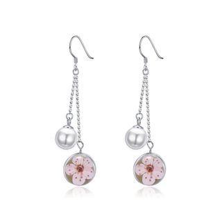 925 Sterling Silver Elegant Flower Round Pearl Long Earrings Silver - One Size